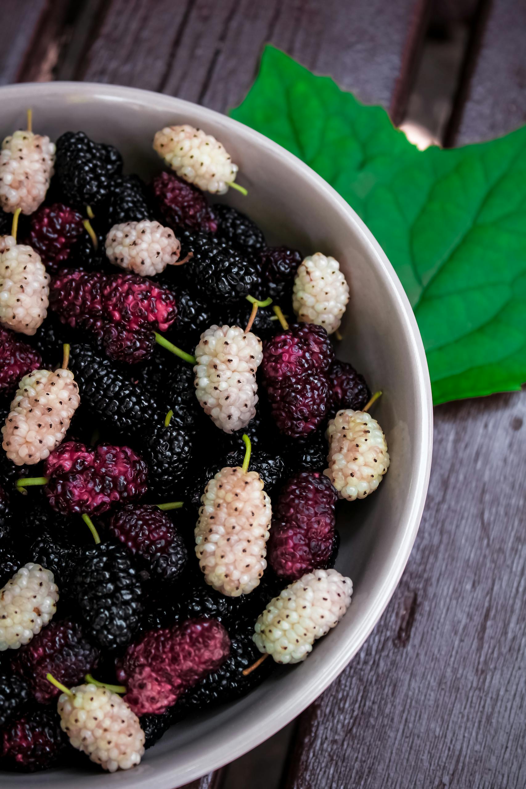 A bowl of fresh mulberries on a wooden table with green leaves, capturing their vivid colors.